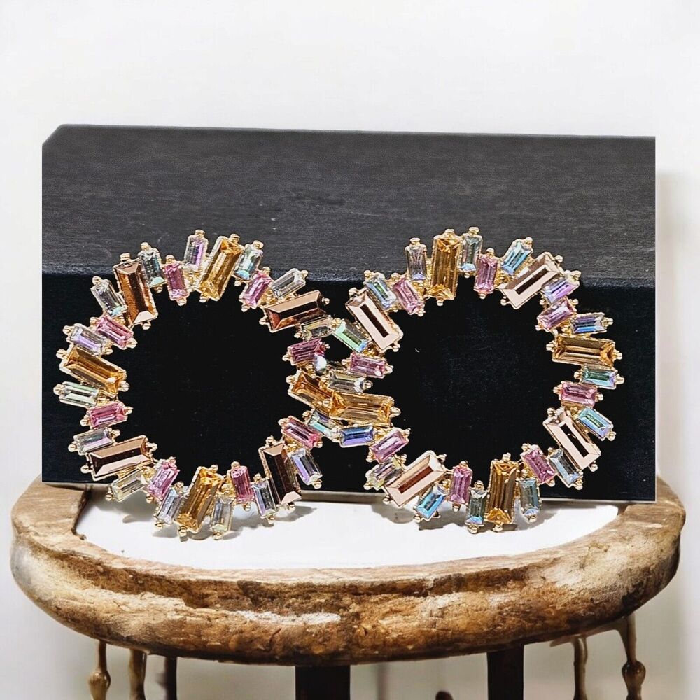 Color-block Rhinestone Stud Earrings Woman's Fashion Chic Spheres Baguette Cut - Picture 7 of 9